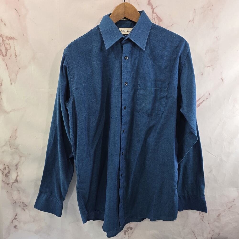 Oleg Cassini Shirt Mens Large 16 Blue Button Up Long Sleeve Vintage
